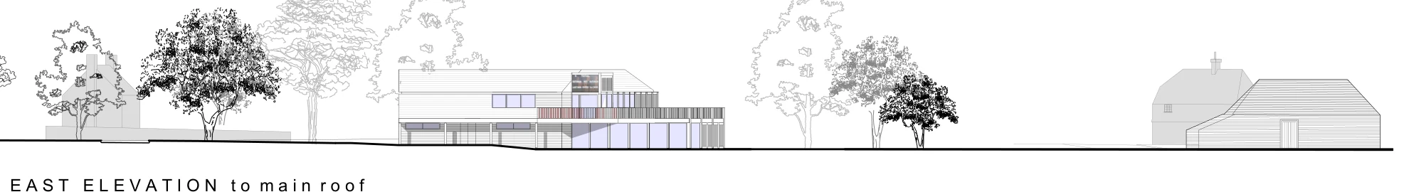 Architect's elevation of the approved pavilion seen from the cricket square, between neighbouring village buildings and trees