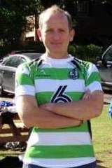 Matt Dronsfield, Chair of Wisborough Green Sports, in club colours on the Green
