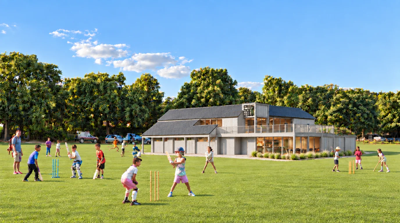 AI-generated impression from the edge of the square: weathered larch cladding throughout, children playing cricket in front