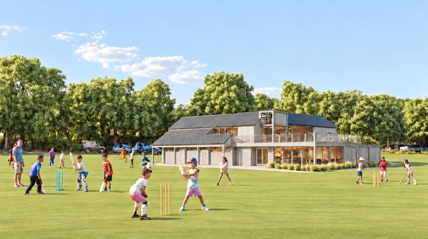 AI-generated impression from the edge of the square: weathered larch cladding throughout, children playing cricket in front