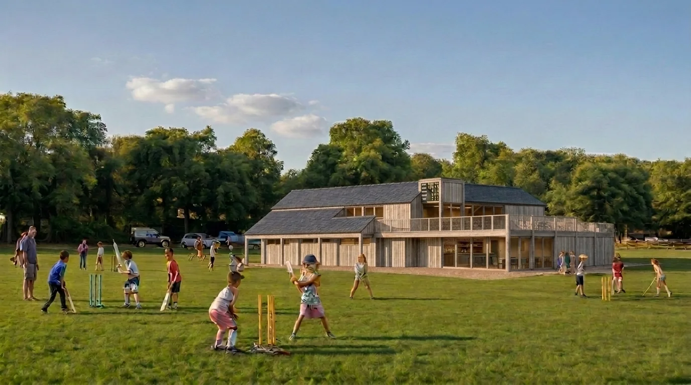 AI-generated impression of the pavilion from the cricket square, larch cladding weathered to silver, children playing in front